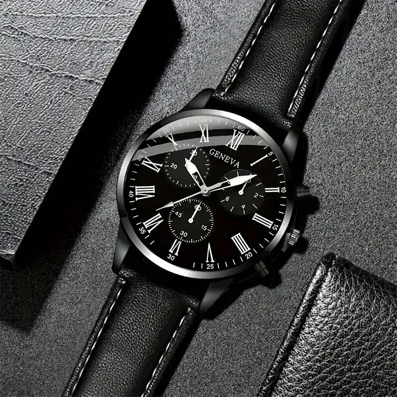 Cross-border Fashion Men's Business Watch Hot-selling Men's Leather Strap Quartz Watch Wristwatch PU Men's Casual Leather Strap Watch
