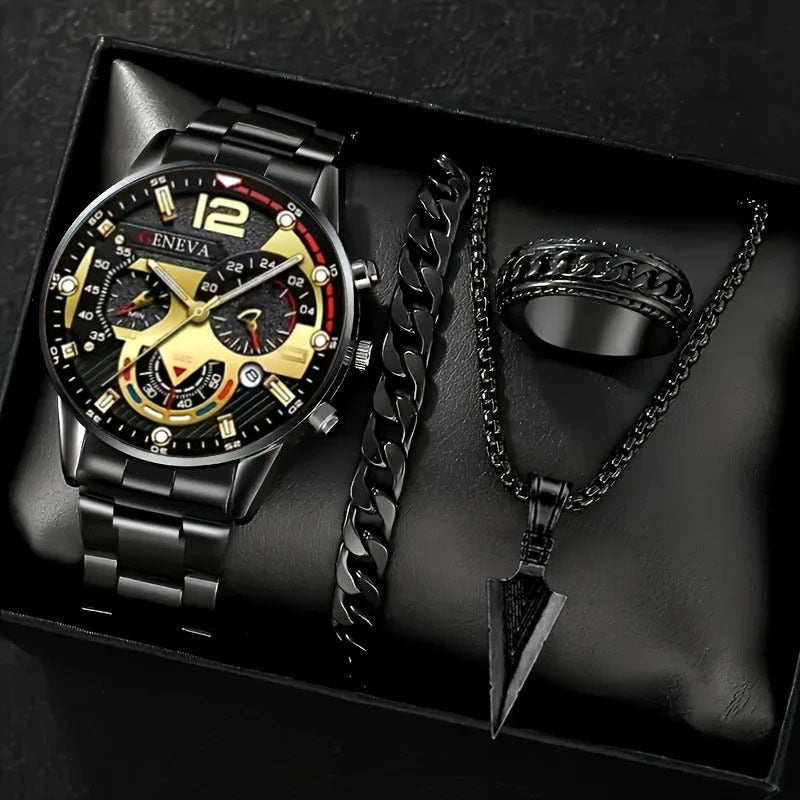 Cross-Border Hot-Selling Men's Watch Set Gift Large Dial with Calendar Steel Band Men's Business Luminous Watch