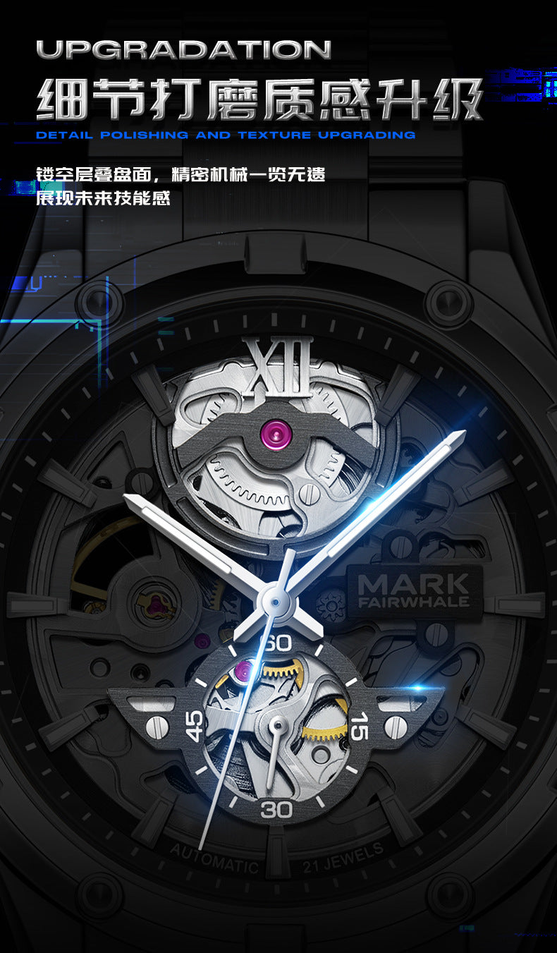 Mark Huafei Mark Fairwhale Brand Watch Waterproof Luminous Double-sided Hollowed Out Fully Automatic Mechanical Watch