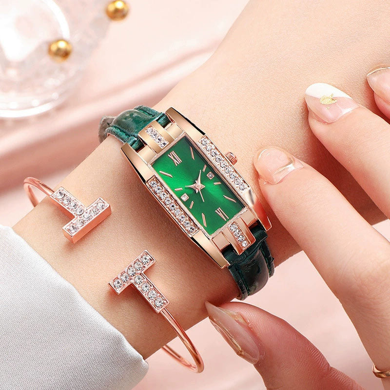 Elegant Women's Watch Simple Diamond Watch Niche Retro Student Green Watch Niche Women's Watch Simple Fashion Quartz Watch