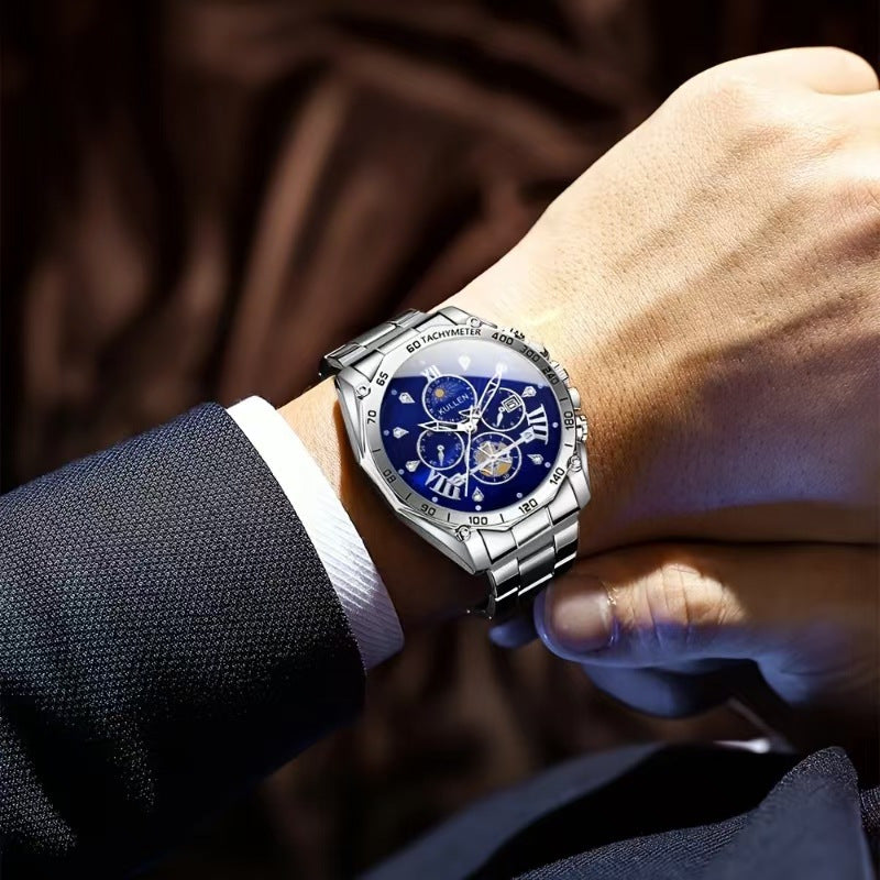 Cross-Border New Men's Watch High-End Business Calendar Alloy Steel Band Watch Men's Non-Mechanical Watch Men's Watch