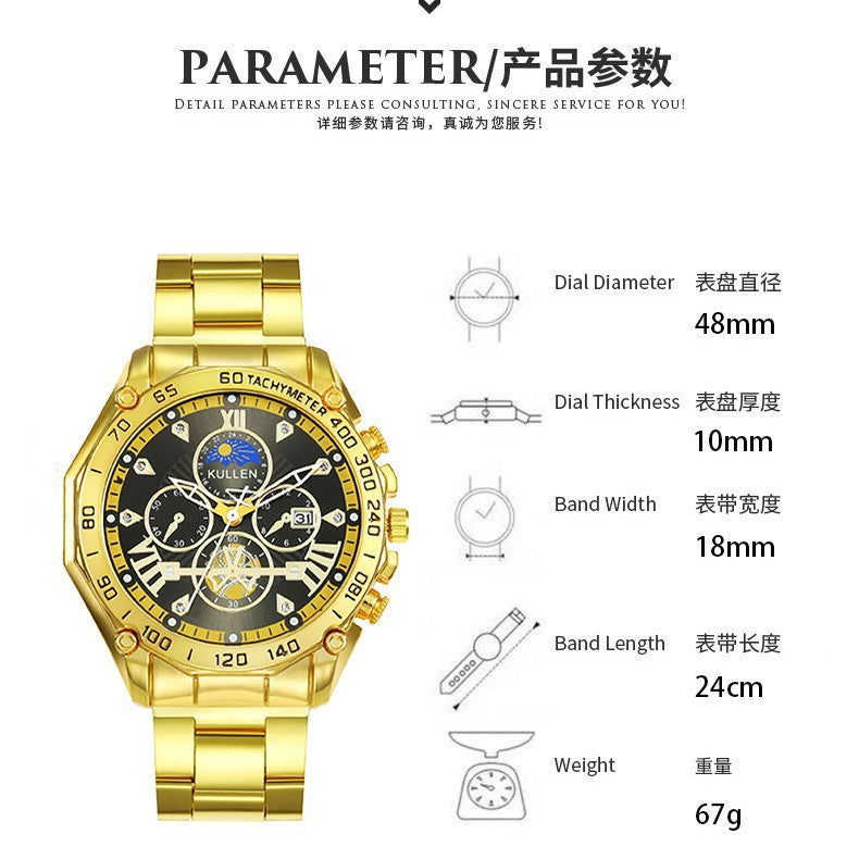 Cross-Border New Men's Watch High-End Business Calendar Alloy Steel Band Watch Men's Non-Mechanical Watch Men's Watch