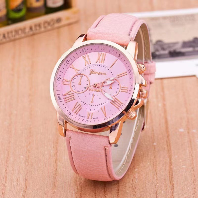 Source Factory Women's Leather Strap Watch Geneva Quartz Watch Leather Strap Fashion Women's Watch Scale Men's Watch