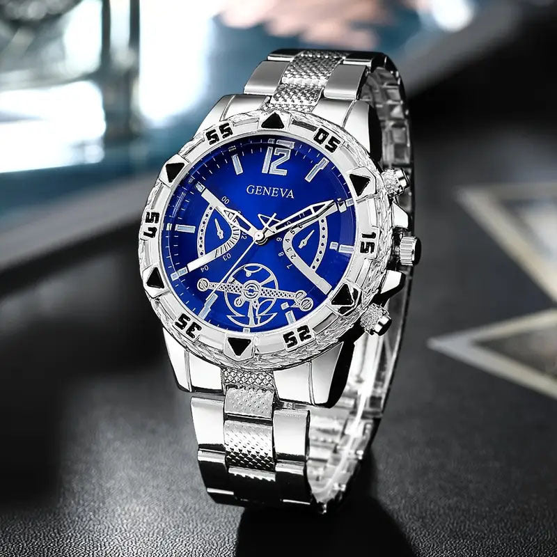 Cross-Border Hot-Selling Men's Steel Band Watch, Stylish Men's Quartz Watch, Fashionable Business Blue Light Glass Watch