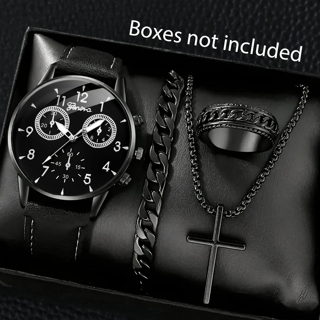 Watch Set Fashion Business High-end Men's Watch Leather Strap Fake Three-eye Watch Men's Glass Quartz Watch Wholesale