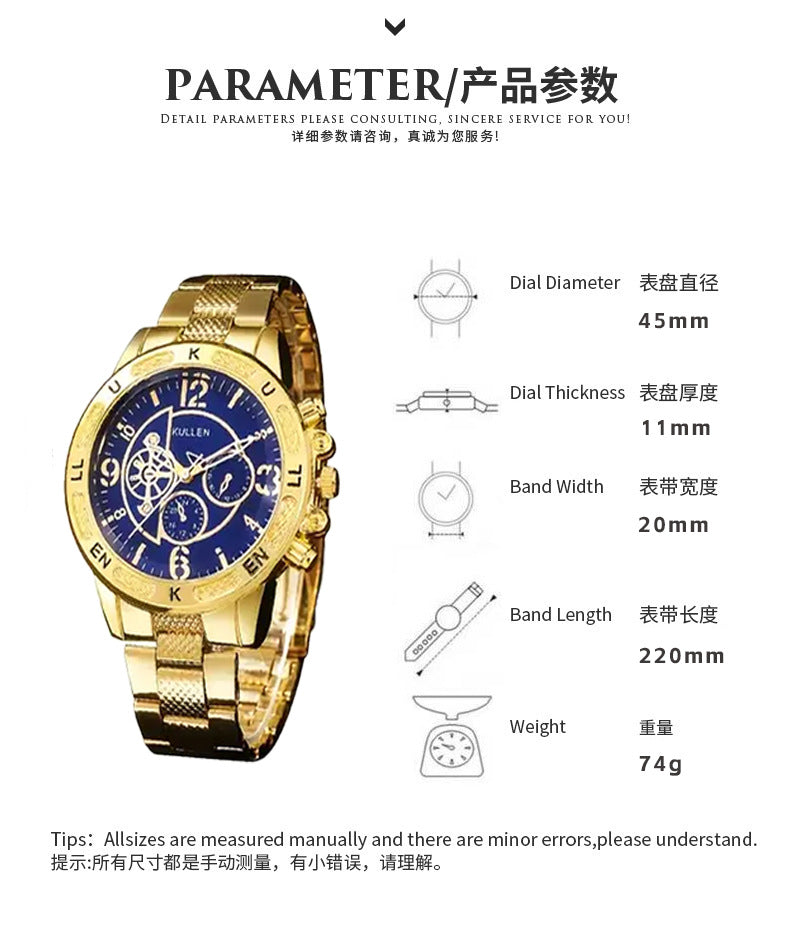 2025Foreign Trade Hot-Selling Men's Fake Three-Eye Watch Steel Band Fashion Business Quartz Watch Men's Watch Wholesale