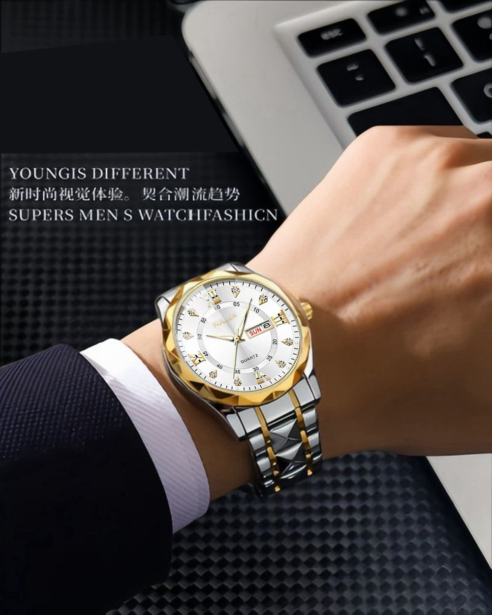 E-commerce Hot-Selling Men's Watch Dual Calendar Steel Band Watch Men's Business High-End Waterproof Luminous Quartz Watch