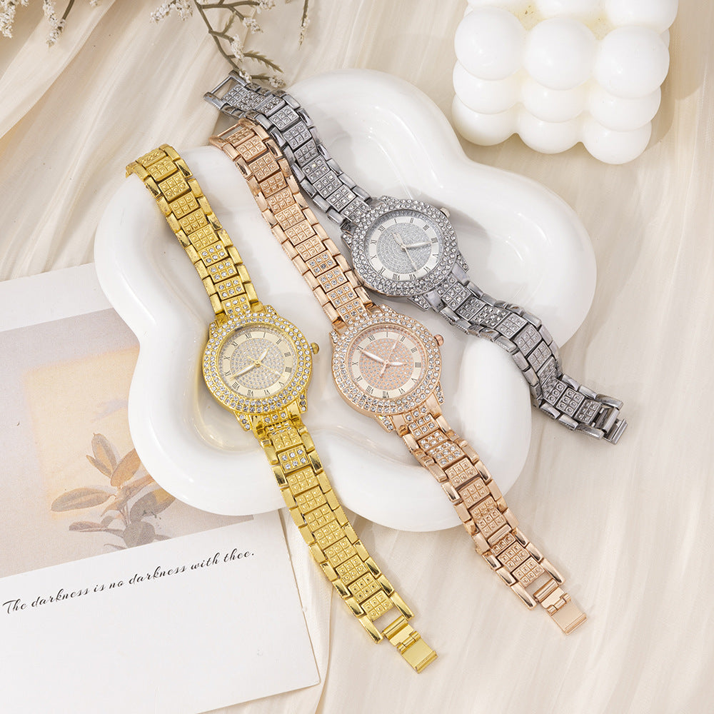 Cross-Border Hot-Selling Full Diamond Roman Pattern Women's Quartz Watch with Starry Sky Bracelet and Treasure Bowl In Stock