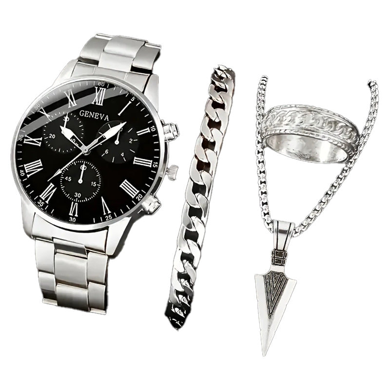Cross-Border Hot-Selling Watch Set Fake Three-Eye Watch Men's Steel Band Glass Quartz Watch Business High-End Men's Watch