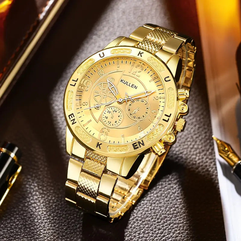 2025Foreign Trade Hot-Selling Men's Fake Three-Eye Watch Steel Band Fashion Business Quartz Watch Men's Watch Wholesale