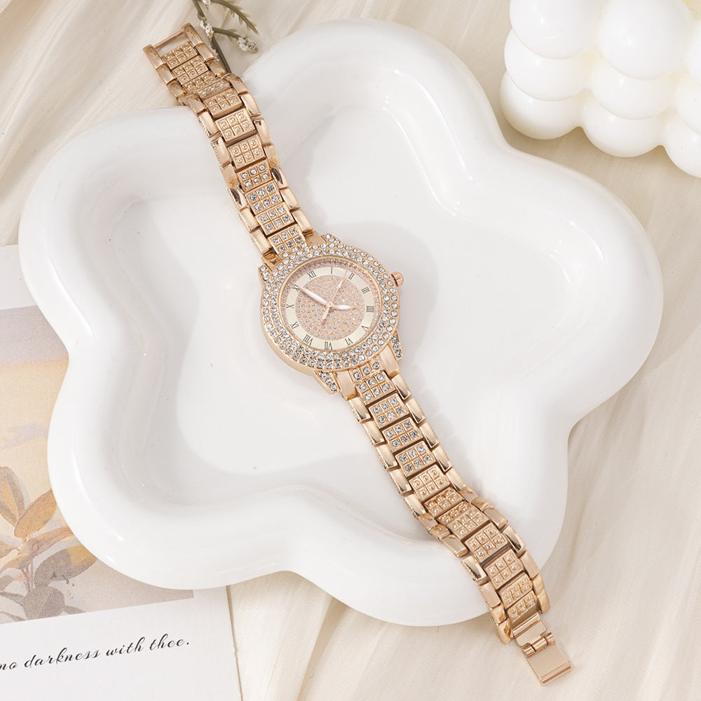 Cross-Border Hot-Selling Full Diamond Roman Pattern Women's Quartz Watch with Starry Sky Bracelet and Treasure Bowl In Stock