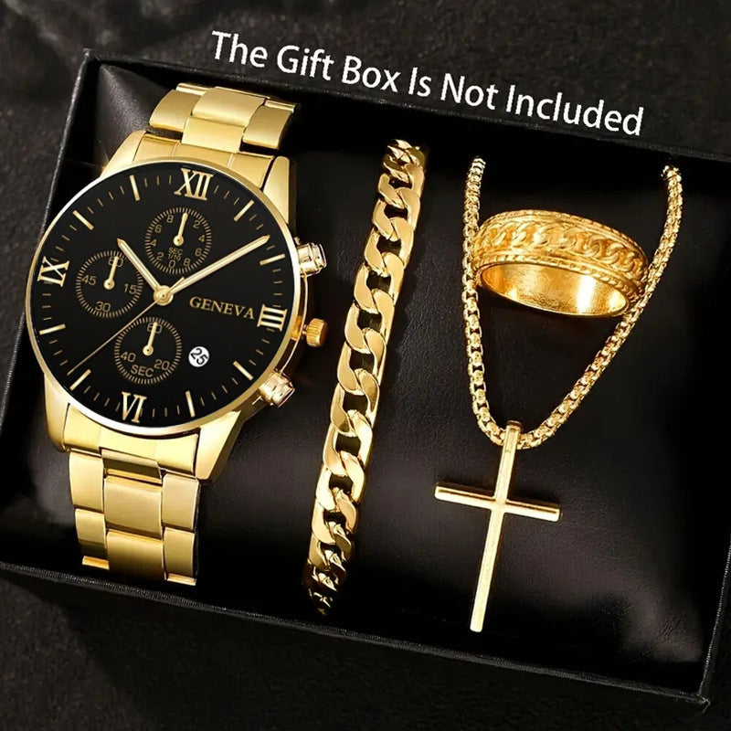 Watch Set Business High-End Feel Men's Watch Steel Band Glass Quartz Watch Calendar Men's Watch Manufacturer Wholesale