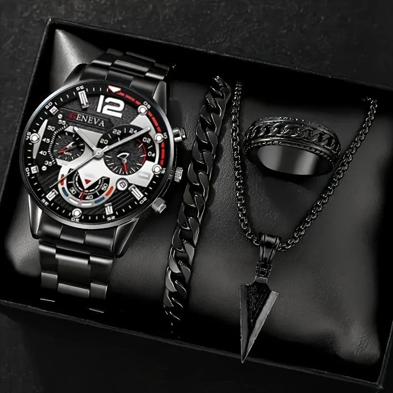 Cross-Border Hot-Selling Men's Watch Set Gift Large Dial with Calendar Steel Band Men's Business Luminous Watch