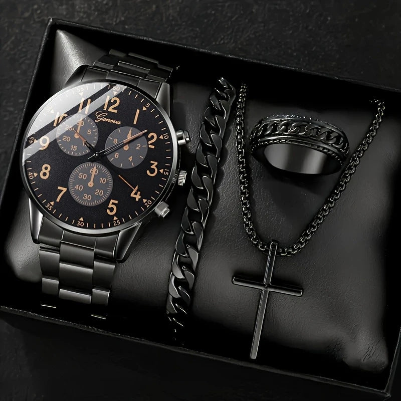 Cross-Border Hot-Selling Watch Set Fake Three-Eye Watch Men's Steel Band Glass Quartz Watch Business High-End Men's Watch