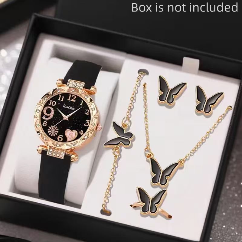 In-stock Cross-border New Women's Watch Set High-end Heart-shaped Leather Strap Quartz Watch Ladies' Watch Wholesale