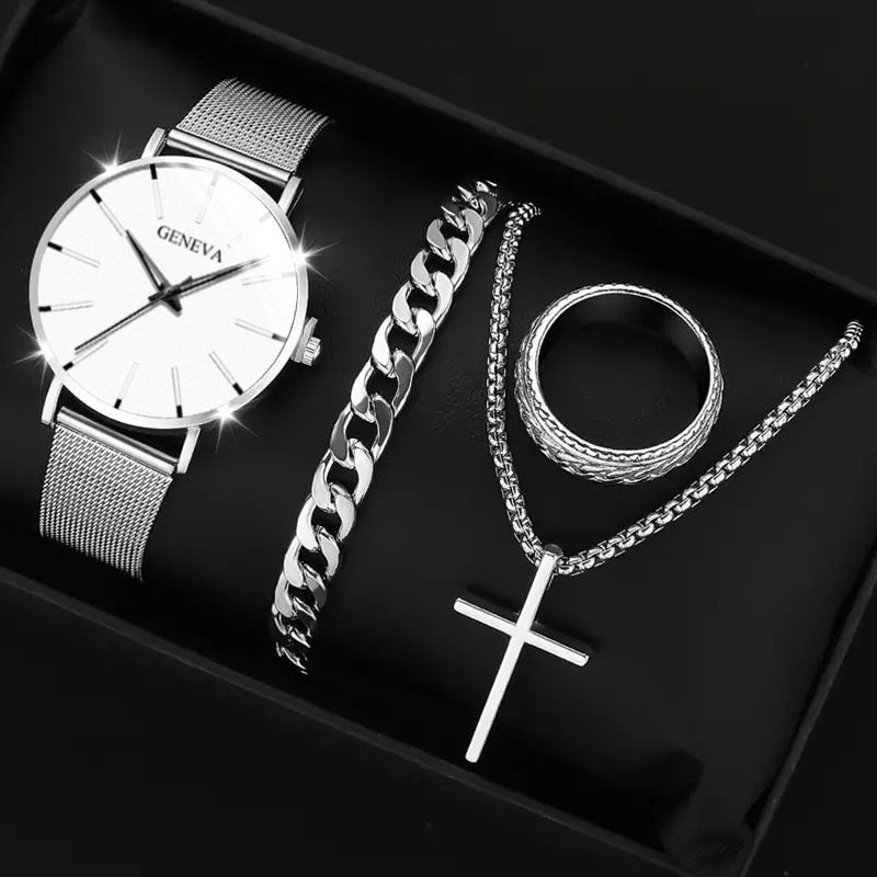 Cross-border Watch Set Business High-end Men's Watch Mesh Strap Glass Quartz Watch Men's Watch Cross-border Wholesale