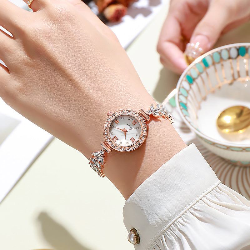 2025New Mermaid Women's Watch TikTok Live Hot-Selling Round Diamond-Studded Bracelet Drawstring Quartz Watch