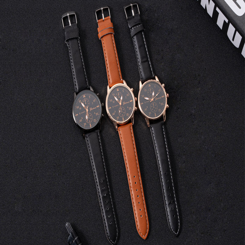 European and American fashion men's business watch Hot-selling Black Case Quartz Men's Belt Watch PU Men's Casual Leather Strap Watch