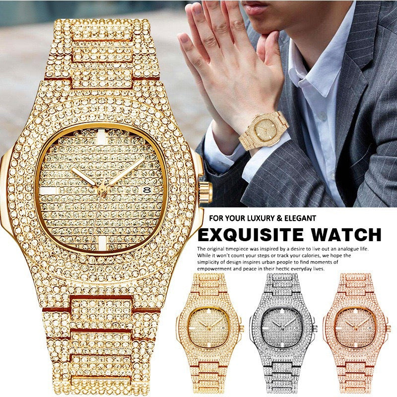 High-quality foreign trade popular men's watch hiphop Hip Hop Rap Watch Men's Fashion Steel Band Watch with Calendar