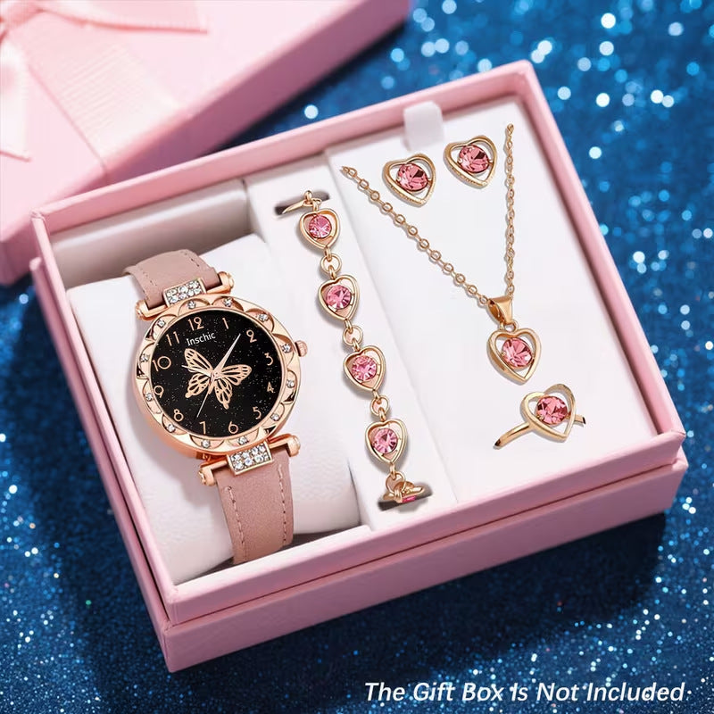 New Cross-Border Women's Watch Set Wholesale Butterfly Pattern Quartz Watch Women's Watch High-End Women's Wristwatch