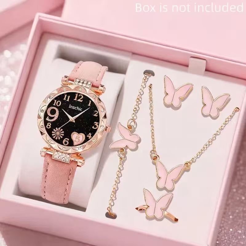 In-stock Cross-border New Women's Watch Set High-end Heart-shaped Leather Strap Quartz Watch Ladies' Watch Wholesale