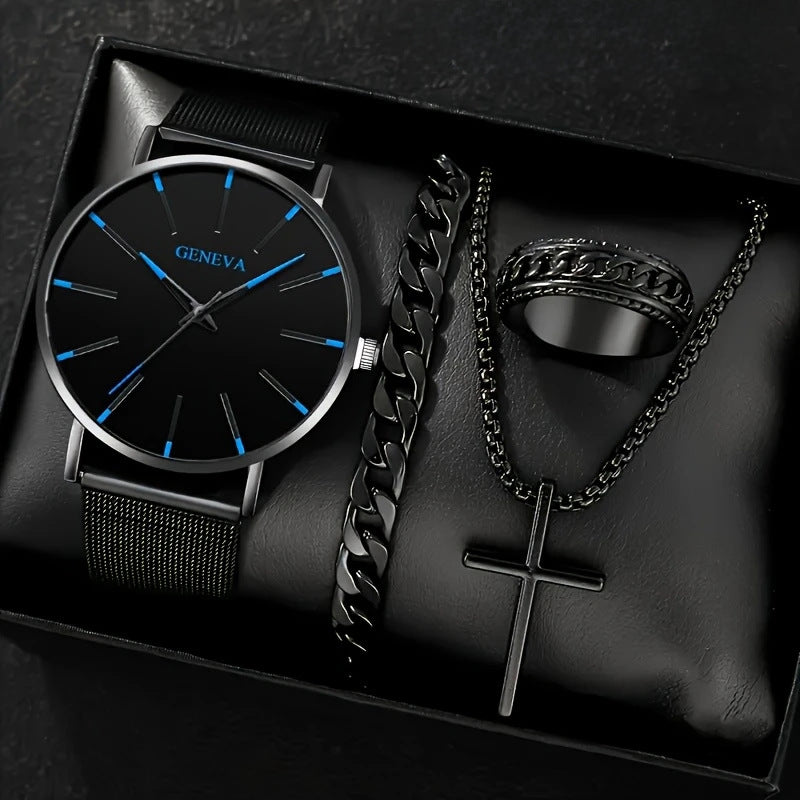 Cross-border Watch Set Business High-end Men's Watch Mesh Strap Glass Quartz Watch Men's Watch Cross-border Wholesale