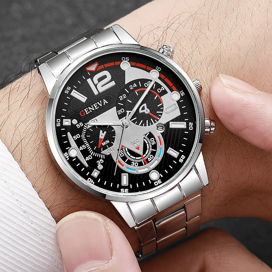 Cross-Border Hot-Selling Men's Watch Set Gift Large Dial with Calendar Steel Band Men's Business Luminous Watch