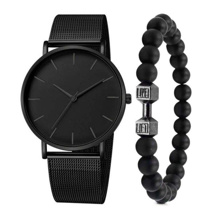 Cross-Border Men's Watch Set Wholesale Mesh Strap Watch Men Ultra-Thin Alloy Beaded Men's Watch Set Quartz Watch