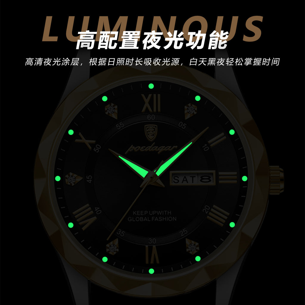 Swiss Brand Waterproof Luminous New Men's Watch Leather Strap Quartz Watch Live Streaming Foreign Trade Hot Item Dropshipping