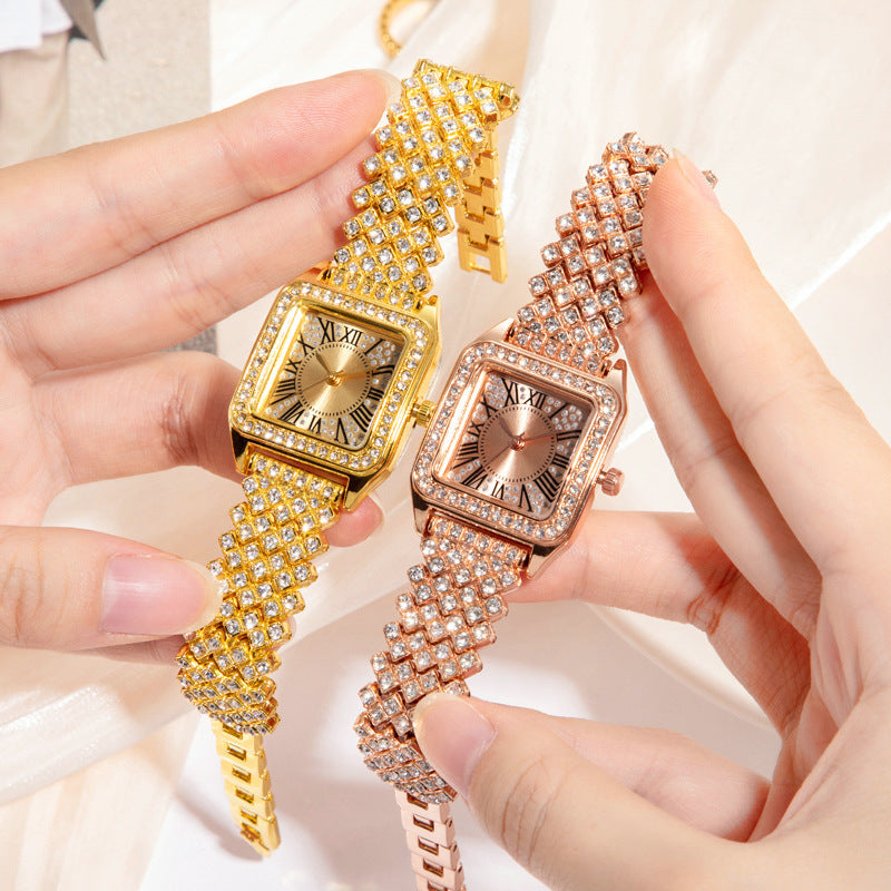 2025Foreign Trade Hot-Selling Women's Watch Square Diamond-Studded Fashion Women's Quartz Watch Square Roman Numeral Watch
