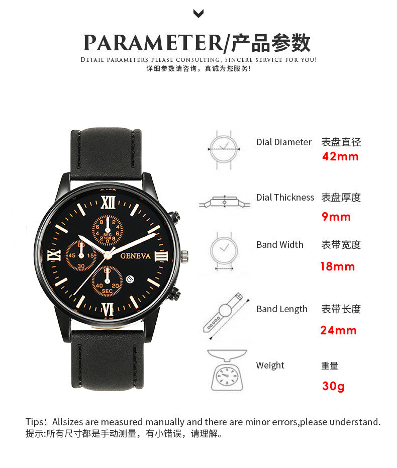 Factory In-Stock Men's Watch Business Simple Fashion with Calendar Quartz Watch Leather Strap Men's Watch High-End Wholesale
