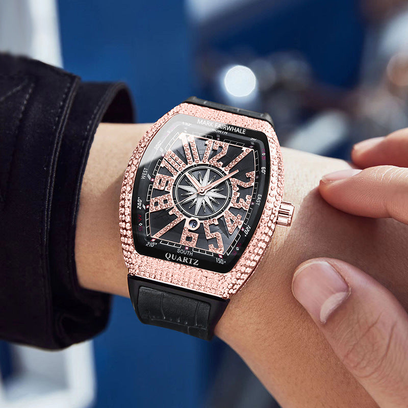 Mark Huafei/Mark Fairwhale Watch Brand Cross-Border Barrel-Shaped Full Diamond Calendar Overseas Quartz Watch