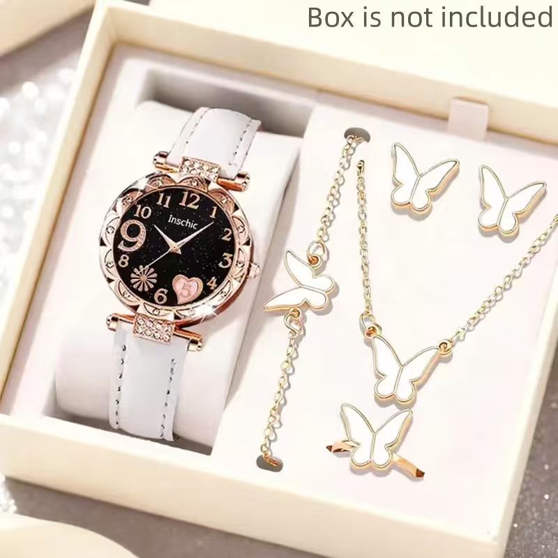 In-stock Cross-border New Women's Watch Set High-end Heart-shaped Leather Strap Quartz Watch Ladies' Watch Wholesale