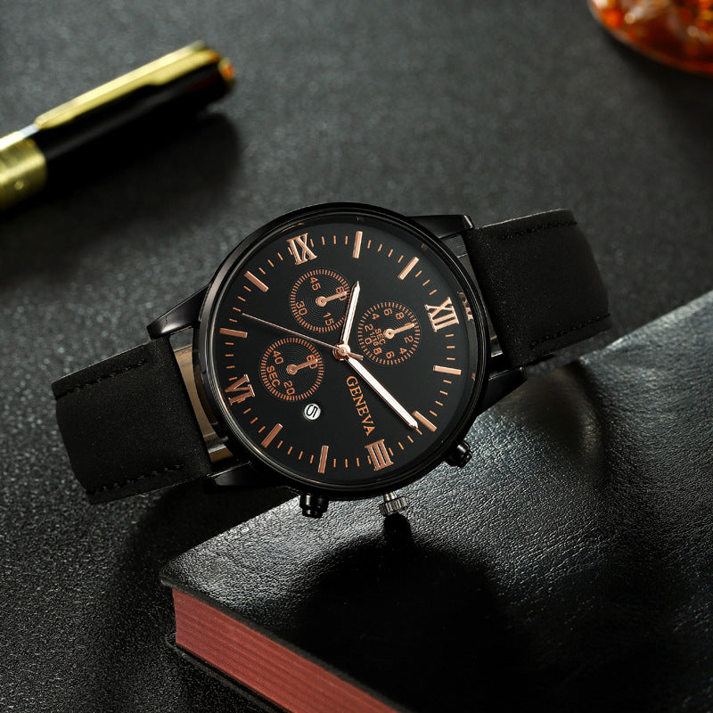 Factory In-Stock Men's Watch Business Simple Fashion with Calendar Quartz Watch Leather Strap Men's Watch High-End Wholesale