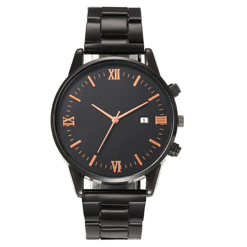 Men's Fashion Trend Roman Numeral Watch Minimalist Black Dial Round Calendar Quartz Watch Wholesale