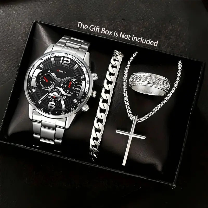 Watch Set Business High-End Feel Men's Watch Steel Band Glass Quartz Watch Calendar Men's Watch Manufacturer Wholesale