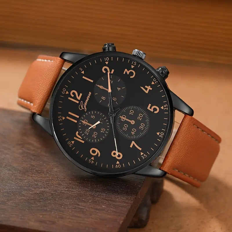 Cross-border Fashion Men's Business Watch Hot-selling Men's Leather Strap Quartz Watch Wristwatch PU Men's Casual Leather Strap Watch