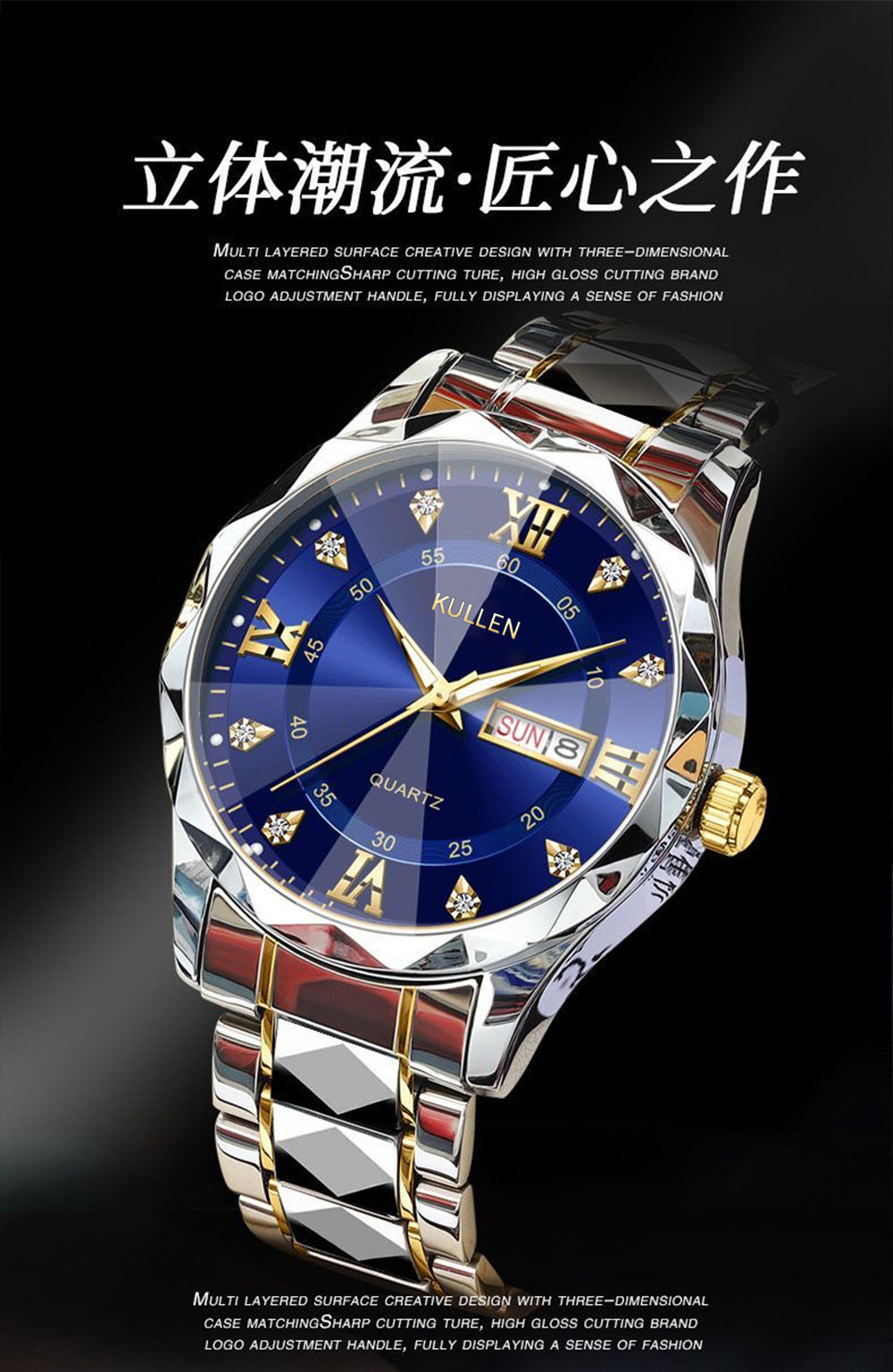 E-commerce Hot-Selling Men's Watch Dual Calendar Steel Band Watch Men's Business High-End Waterproof Luminous Quartz Watch