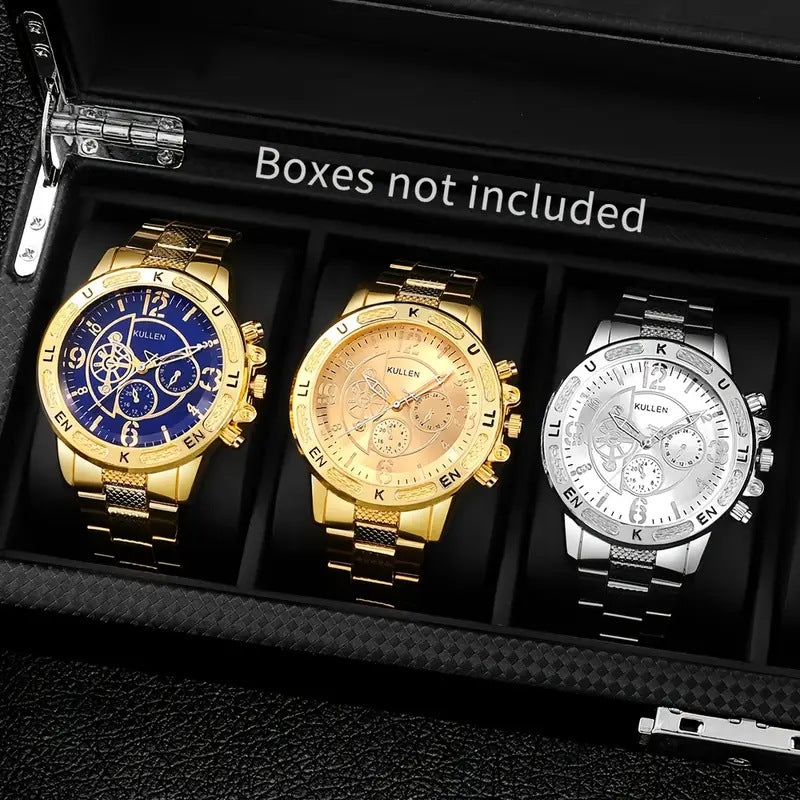 2025Foreign Trade Hot-Selling Men's Fake Three-Eye Watch Steel Band Fashion Business Quartz Watch Men's Watch Wholesale