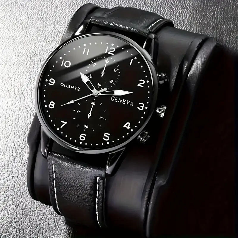 Cross-border Fashion Men's Business Watch Hot-selling Men's Leather Strap Quartz Watch Wristwatch PU Men's Casual Leather Strap Watch