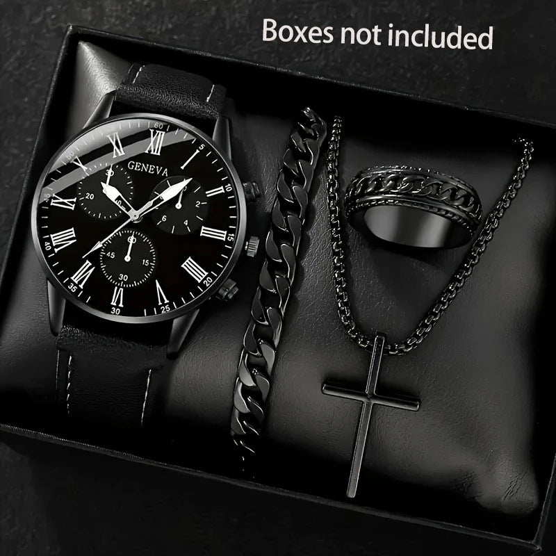 Watch Set Fashion Business High-end Men's Watch Leather Strap Fake Three-eye Watch Men's Glass Quartz Watch Wholesale