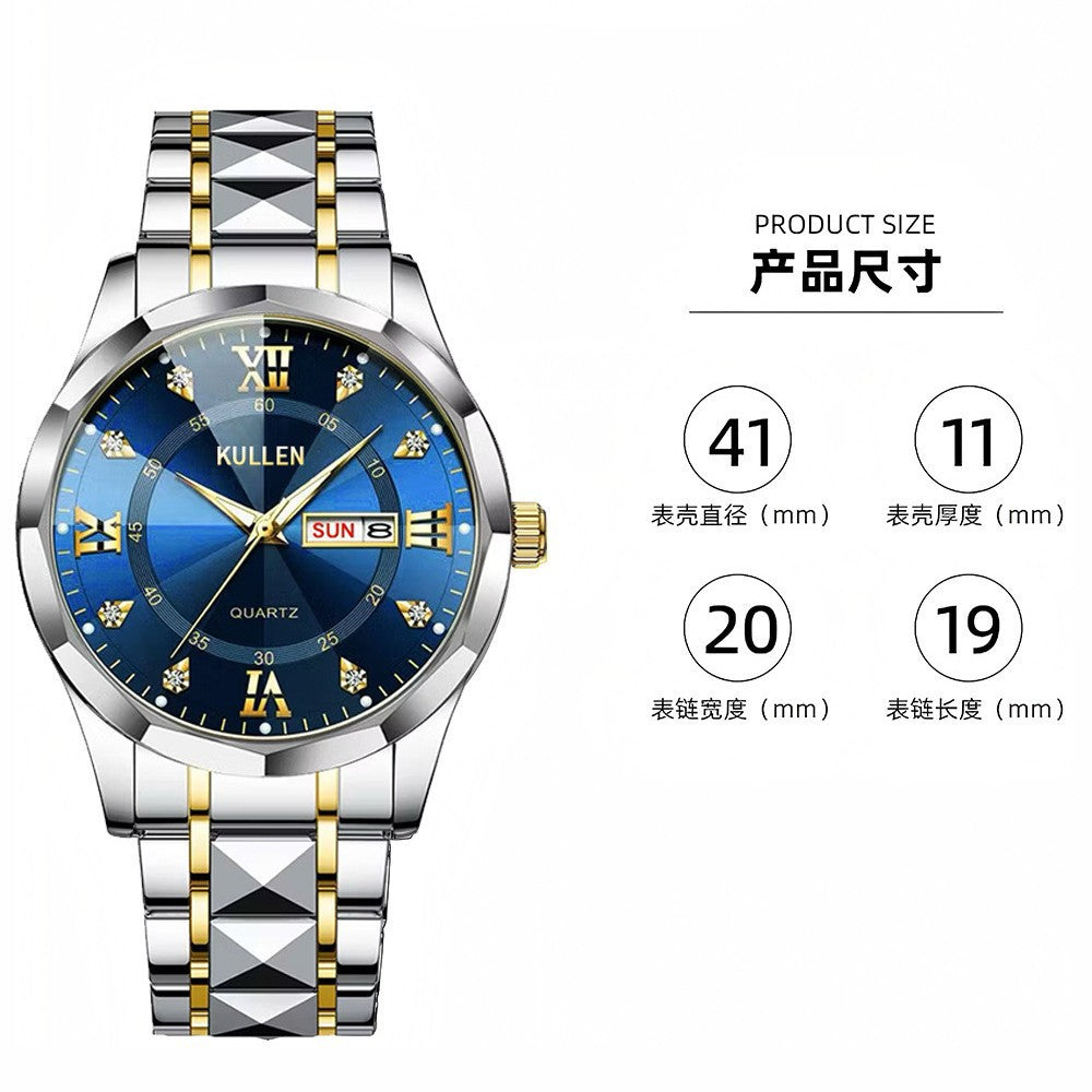 E-commerce Hot-Selling Men's Watch Dual Calendar Steel Band Watch Men's Business High-End Waterproof Luminous Quartz Watch