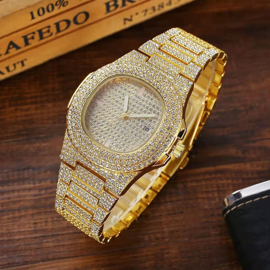 High-quality foreign trade popular men's watch hiphop Hip Hop Rap Watch Men's Fashion Steel Band Watch with Calendar
