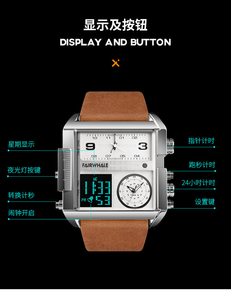 Mark Huafei Mark Fairwhale Watch Men's Square Large Dial Explosive Geometric Retro Electronic Watch