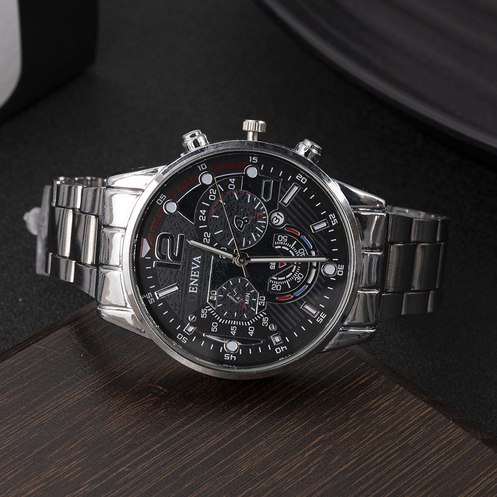 Factory Direct Cross-Border Hot-Selling Men's Fashion Stainless Steel Band Calendar Quartz Watch
