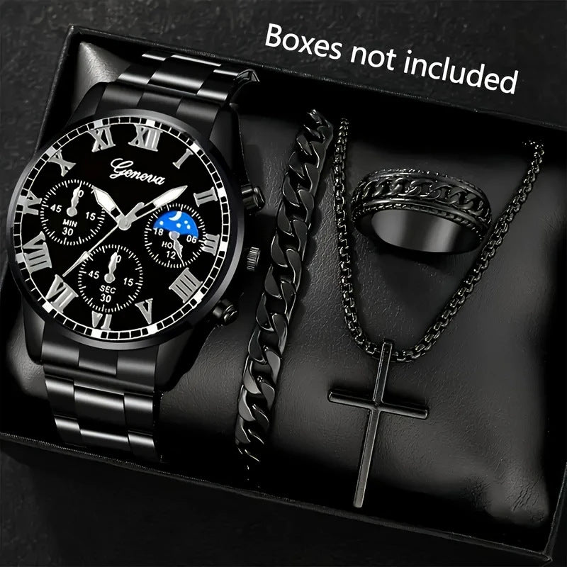 Cross-Border Hot-Selling Watch Set Fake Three-Eye Watch Men's Steel Band Glass Quartz Watch Business High-End Men's Watch