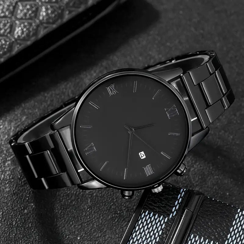 Men's Fashion Trend Roman Numeral Watch Minimalist Black Dial Round Calendar Quartz Watch Wholesale