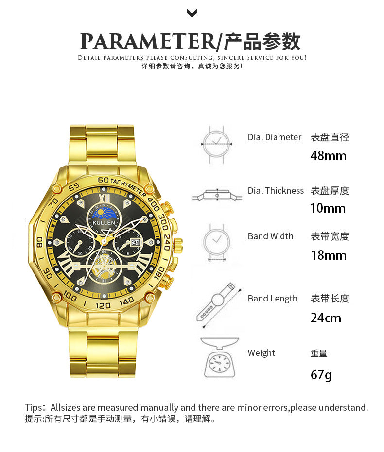 Cross-Border New Men's Watch High-End Business Calendar Alloy Steel Band Watch Men's Non-Mechanical Watch Men's Watch