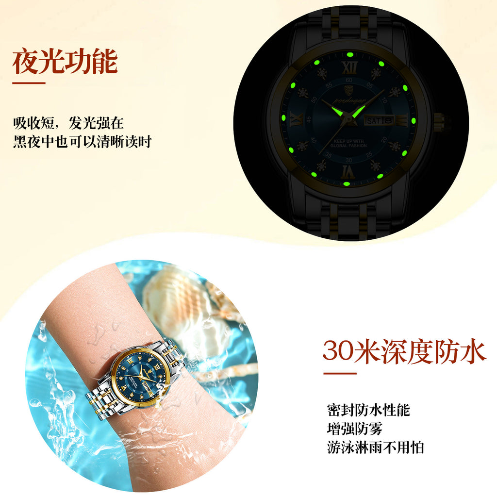 Swiss Brand Women's Watch New Waterproof Luminous Dual Calendar Wristwatch Female Live Export Hot Sale One Piece Dropshipping