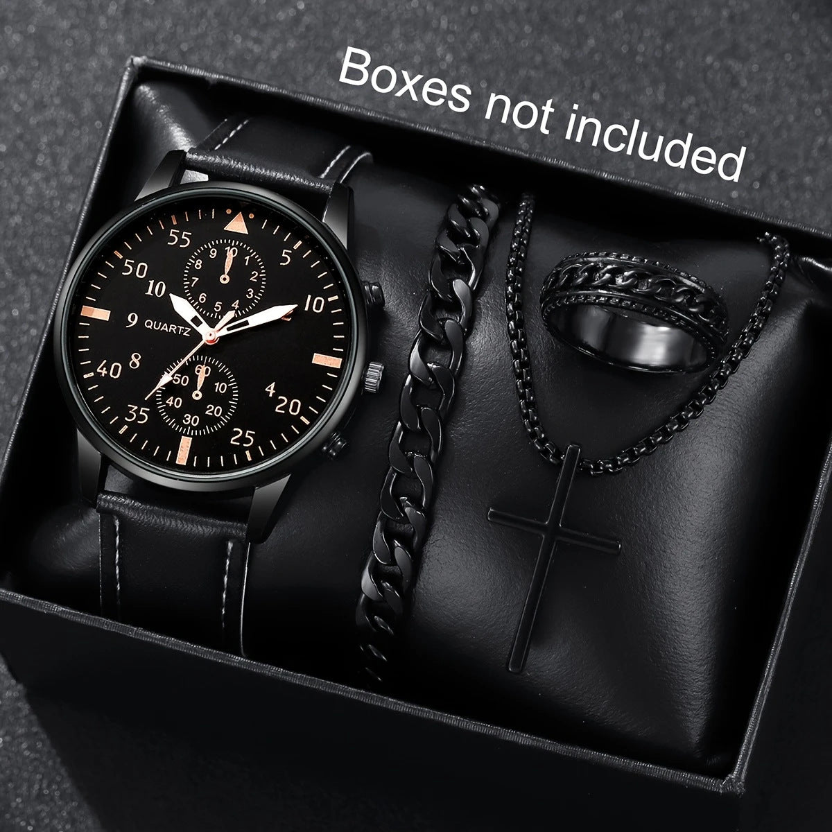 Watch Set Fashion Business High-end Men's Watch Leather Strap Fake Three-eye Watch Men's Glass Quartz Watch Wholesale